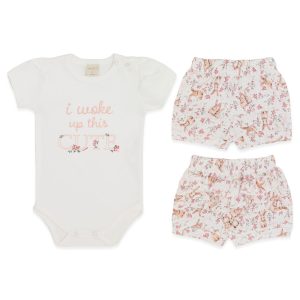Conjunto Body Manga Curta Estampado e Shorts com Laço e Babado Suedine Feminino – Floral Coelha