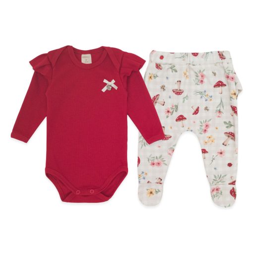 Conjunto Body Manga Longa Transpassado com Mijão Estampado Feminino - Cogumelos