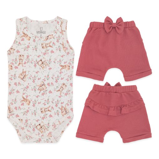 Conjunto Body Regata Estampado e Shorts com Laço e Babado Suedine Feminino – Floral Coelha