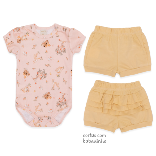 Conjunto Body Manga Curta Bordado e Shorts Babado Suedine Feminino – Bosque