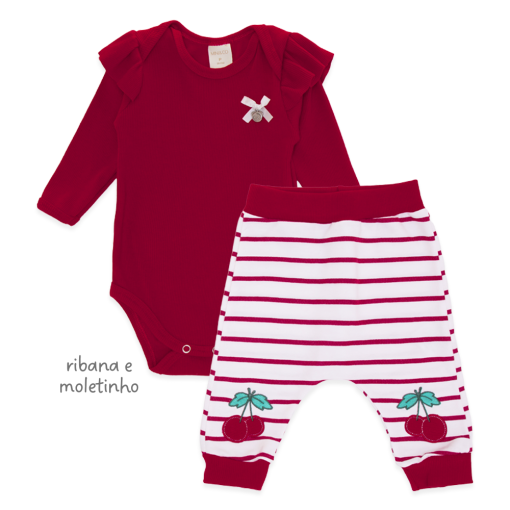 Conjunto Body Manga Longa Transpassado com Mijão Estampado Feminino – Cerejinhas