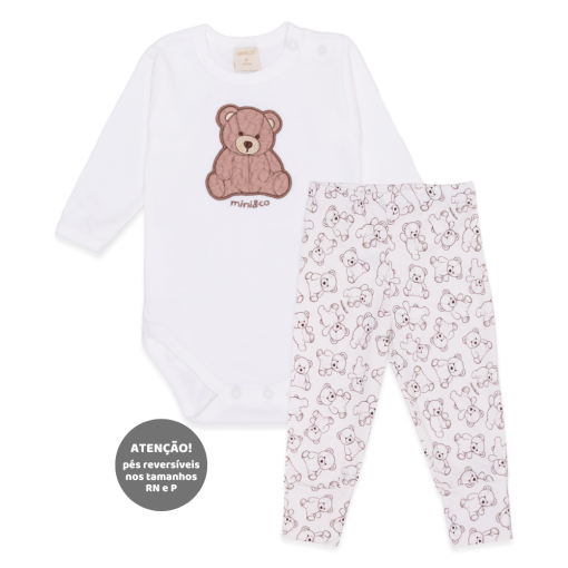 Conjunto Body Manga Longa Bordado e Mijão Liso Suedine Unissex – Ursinho Fofo