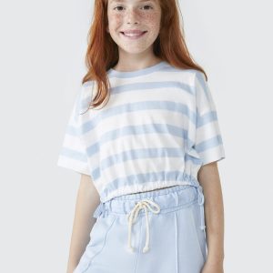 Blusinha Manga Curta Listrada Azul com Elastico Hering - Feminina