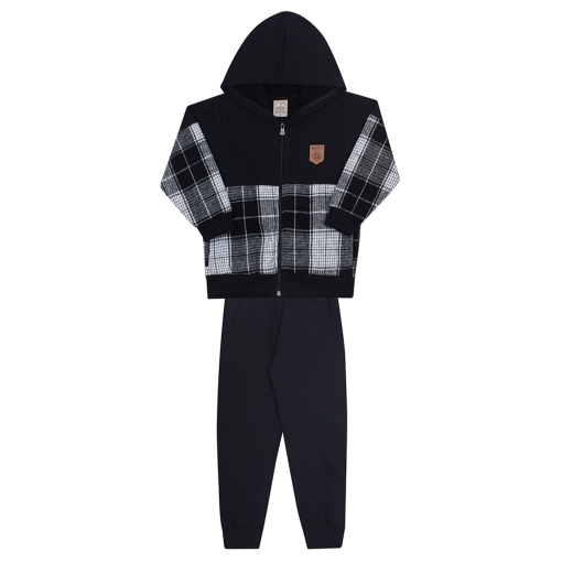 Conjunto Casaco Flanela com Capuz e Calça Moletom Preto Xadrez Randa Mundu - Masculino