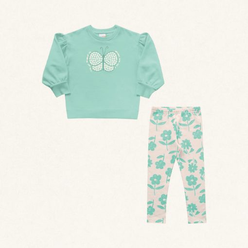 Conjunto Blusa Moletom e Legging Borboleta Verde Água Fakini - Feminina