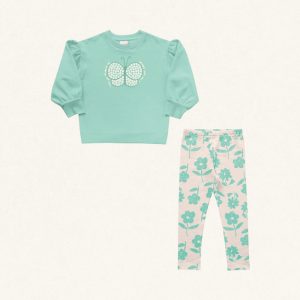 Conjunto Blusa Moletom e Legging Borboleta Verde Água Fakini - Feminina