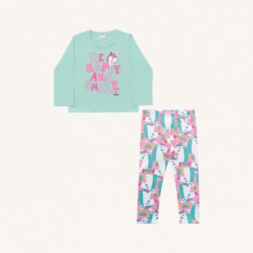 Conjunto Camiseta Manga Longa e Legging Malha Unicórnio Be Happy Verde Fakini - Feminino