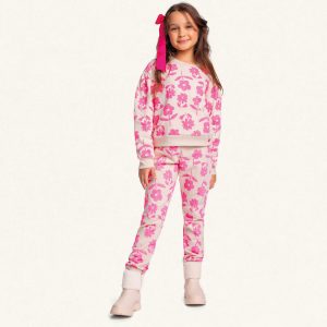 Conjunto Moletom Blusa e Calça Flores Rosa Fakini - Feminino