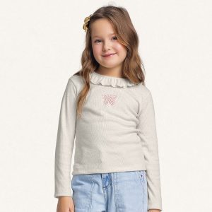 Blusinha Manga Longa Malha Gola Babado Aplique Fakini - Feminina