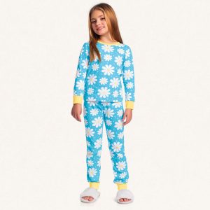 Conjunto Pijama Manga Longa Malha Flores Azul Fakini - Feminino