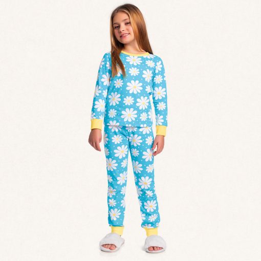 Conjunto Pijama Manga Longa Malha Flores Azul Fakini - Feminino