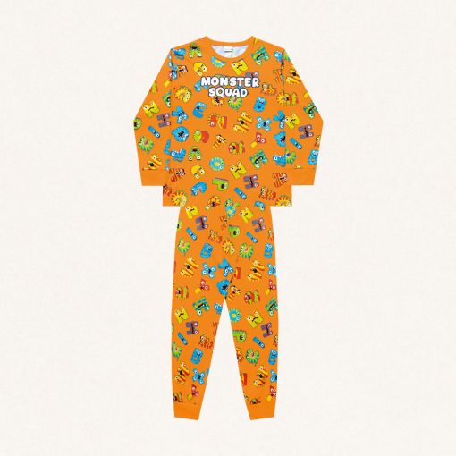 Conjunto Pijama Manga Longa Malha Monster Squad Laranja Fakini - Masculino
