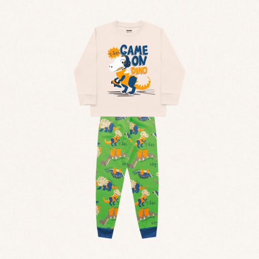 Conjunto Pijama Malha Manga Longa Estampado Game On Dino Baunilha e Verde Fakini - Masculinho