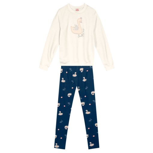Conjunto Blusão Moletom e Calça Legging Cisne Off White Brandili - Feminino