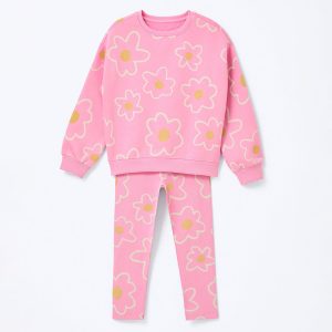 Conjunto Blusão Moletom e Calça Legging Rosa Flores Hering - Feminino