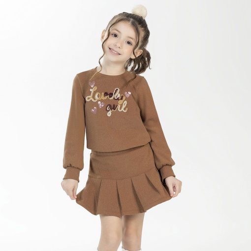 Conjunto Blusa Manga Longa e Saia Bordado Lovely Girl Cativa - Feminino